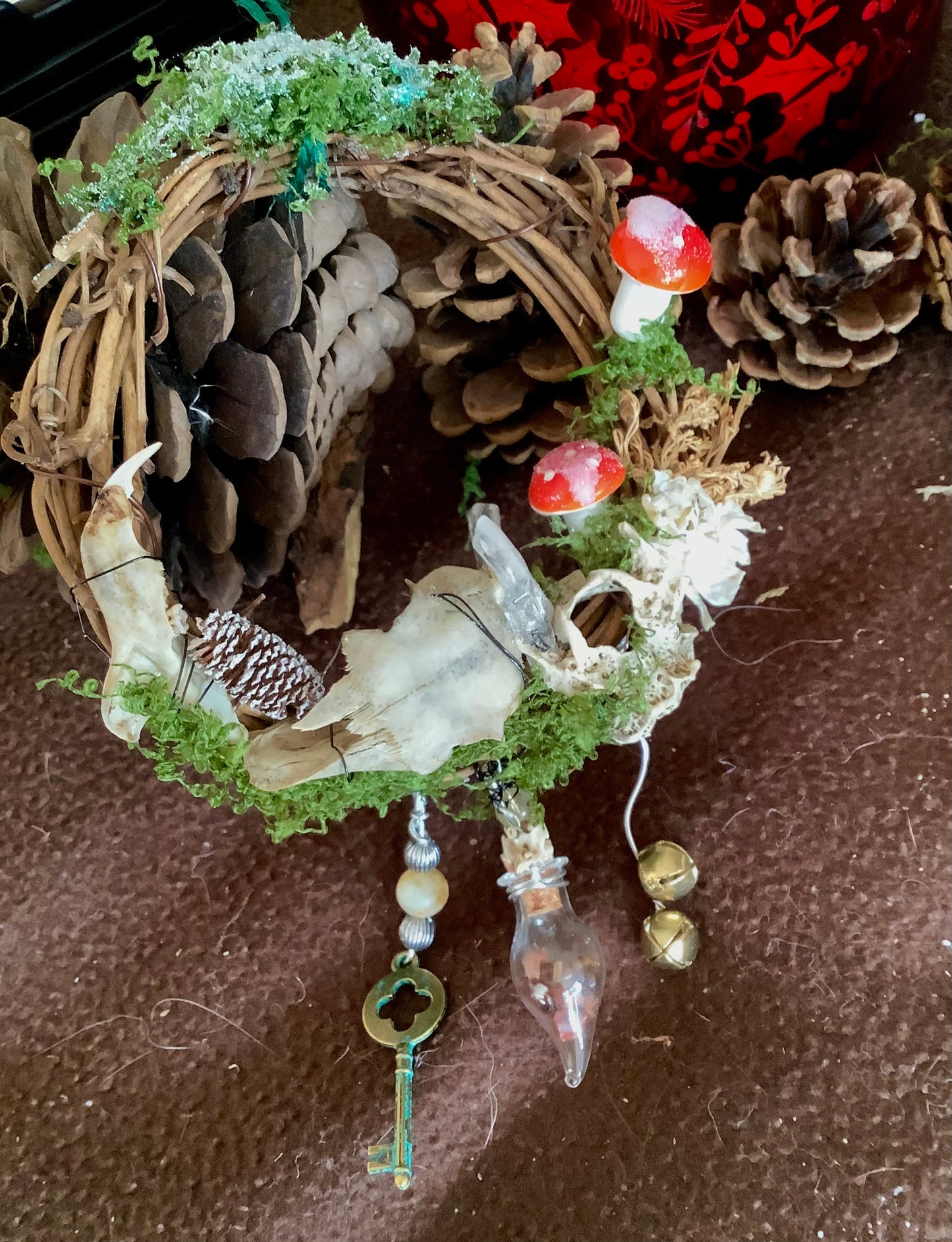 ✨ Yule Gatherer’s Wreath …Squirrel Skull, Goldstone Magic, Evergreens & Charms for Abundance ✨